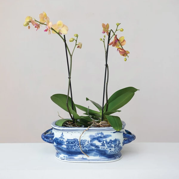 Creative Co Op Oval Hand-Painted Stoneware Vintage Reproduction Planter W/ Landscape & Handles