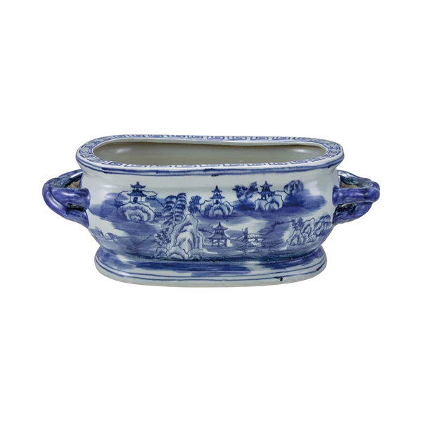 creative co op Oval Hand-Painted Stoneware Vintage Reproduction Planter w/ Landscape & Handles