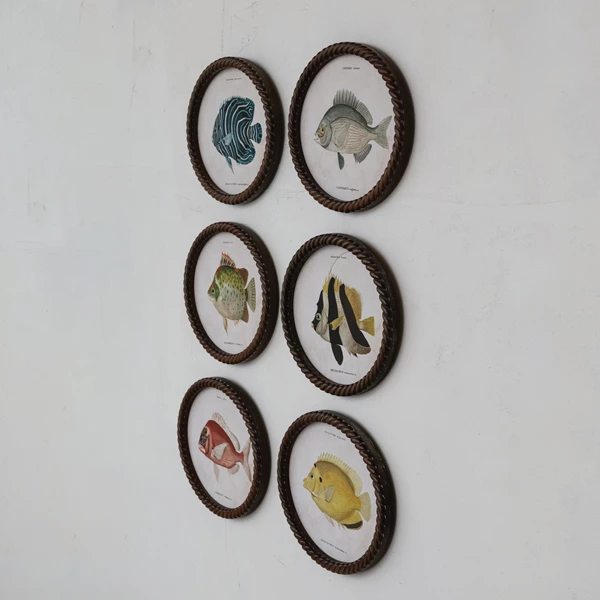Creative Co Op Oval MDF Twisted Framed Glass Wall Décor W/ Vintage Reproduction Fish Image 6 Styles
