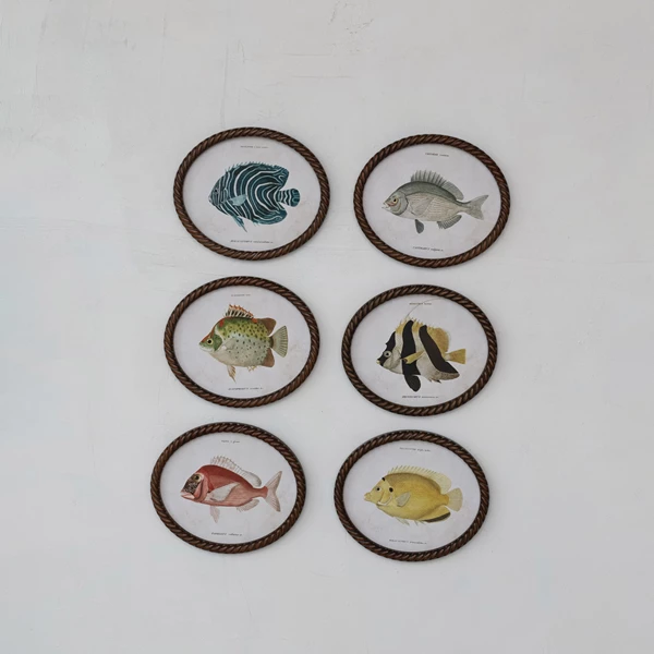 Creative Co Op Oval MDF Twisted Framed Glass Wall Décor W/ Vintage Reproduction Fish Image 6 Styles