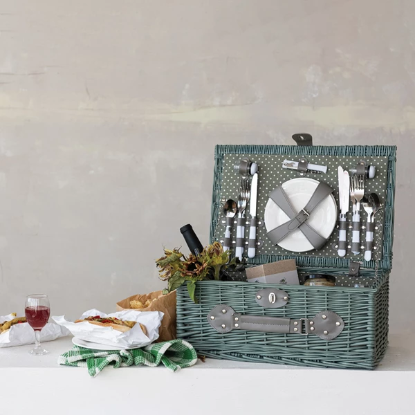 Creative Co Op Picnic Basket For 4 Set Of 24 (Plates Glasses Cutlery Bottle Opener & Shakers)