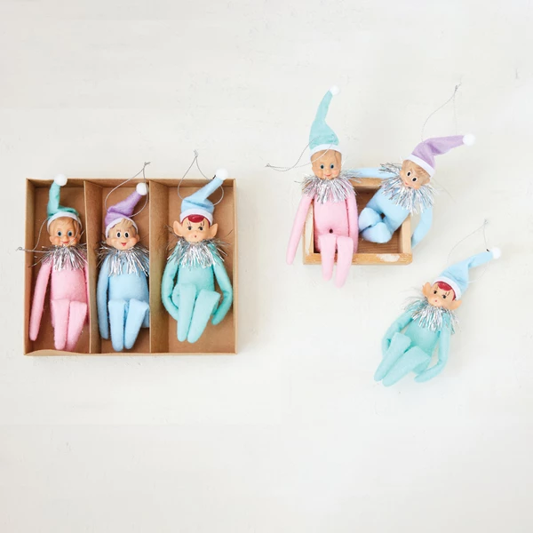 Creative Co Op Plastic & Fabric Vintage Reproduction Elf Ornaments Set Of 3