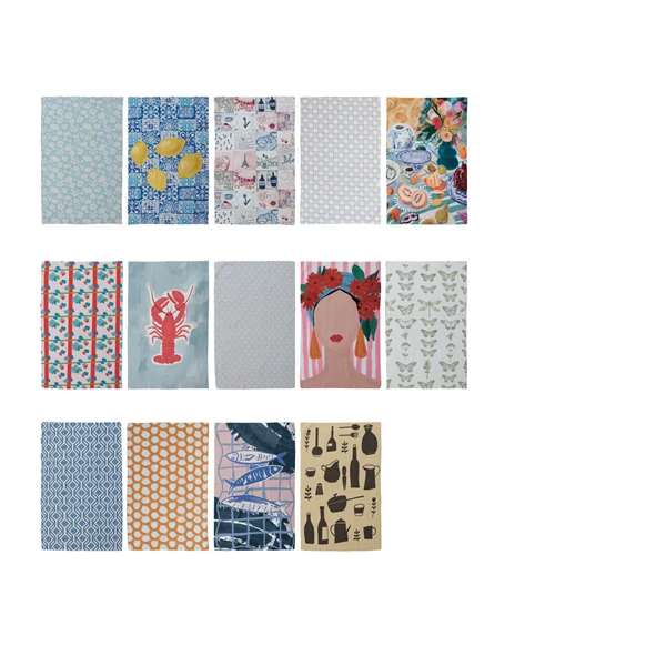 creative co op Printed Recycled Microfibre Tea Towels w/ Pattern/Image Set of 56