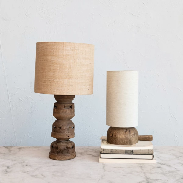 Creative Co Op Reclaimed Wood Table Lamp W/ Cotton Shade & Swivel Neck (Each One Will Vary)