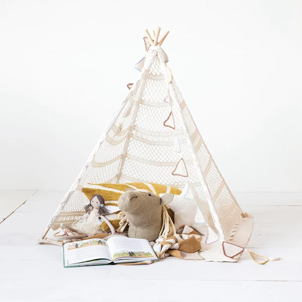 Creative Co Op Recycled Cotton Crocheted & Wood Teepee In Bag W/ Mat KD