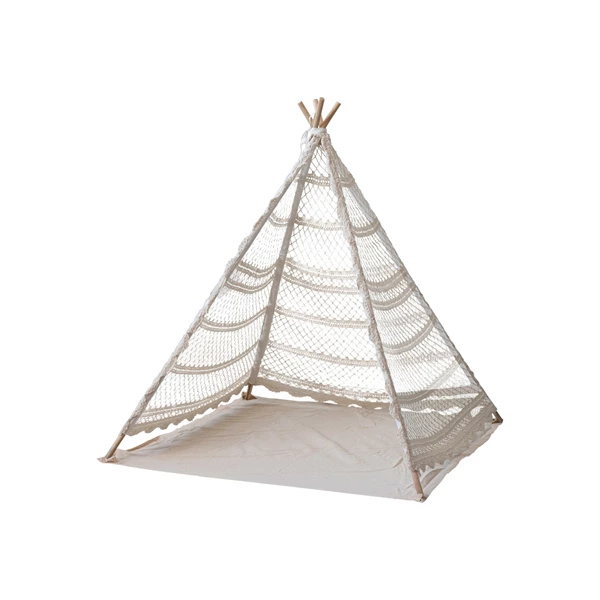creative co op Recycled Cotton Crocheted & Wood Teepee in Bag w/ Mat KD