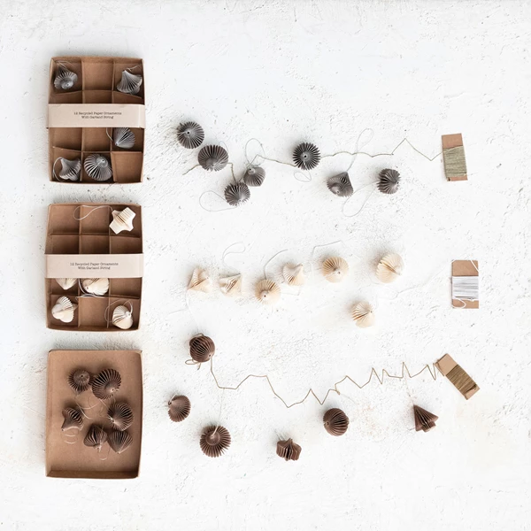 Creative Co Op Recycled Paper Honeycomb Ornaments W/ DIY Garland String Boxed Set Of 13