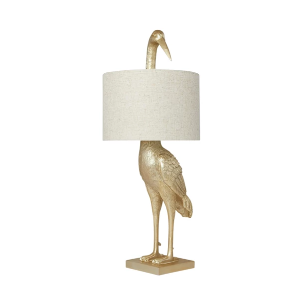 Creative Co Op Resin Bird Table Lamp With White Linen Shade And Inline Switch Gold Finish
