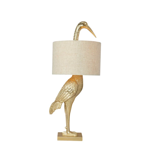Creative Co Op Resin Bird Table Lamp With White Linen Shade And Inline Switch Gold Finish