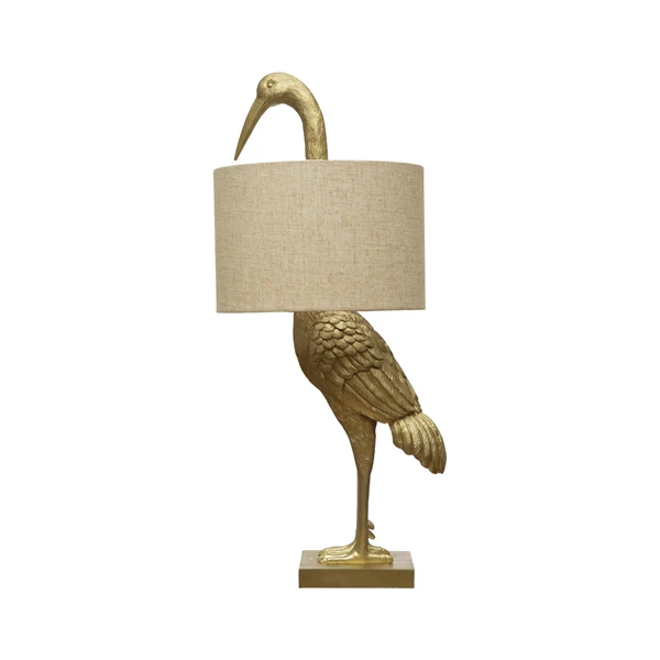 creative co op Resin Bird Table Lamp with White Linen Shade and Inline Switch Gold Finish