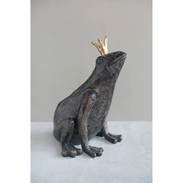 Creative Co Op Resin Frog With Gold Crown Patina Finish