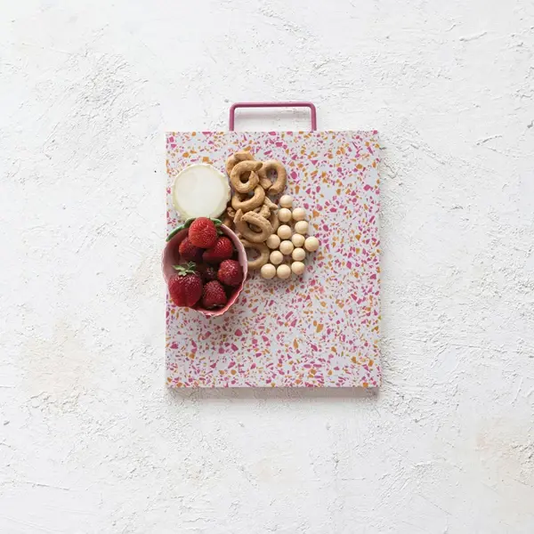 Creative Co Op Resin Terrazzo Cheese/Cutting Board With Pink Enameled Metal Handle