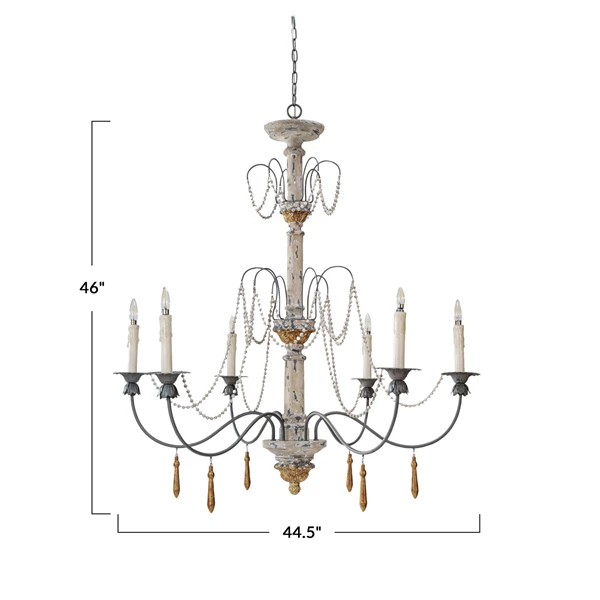 Creative Co Op Rubberwood Metal & Resin Chandelier W/ Wood Beads/Drops & 6 Lights