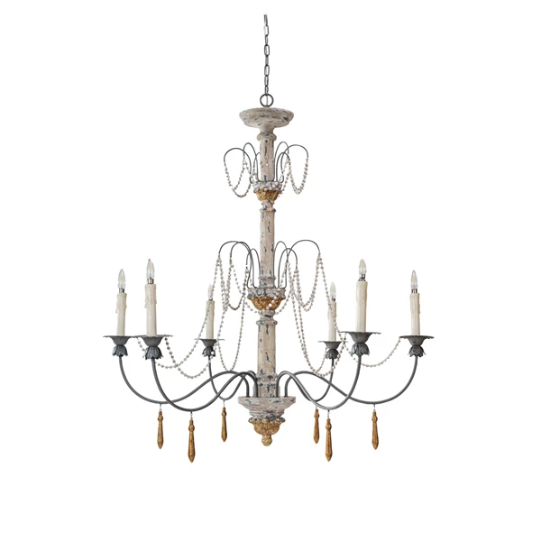 creative co op Rubberwood Metal & Resin Chandelier w/ Wood Beads/Drops & 6 Lights