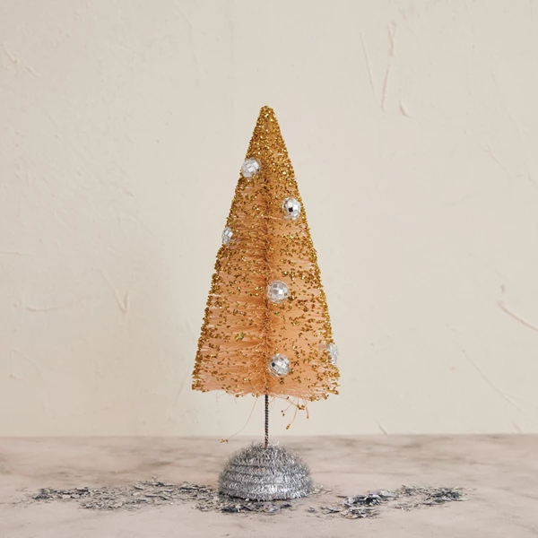 Creative Co Op Sisal Bottle Brush Tree With Mirrored Mosaic Balls & Tinsel Wood Base