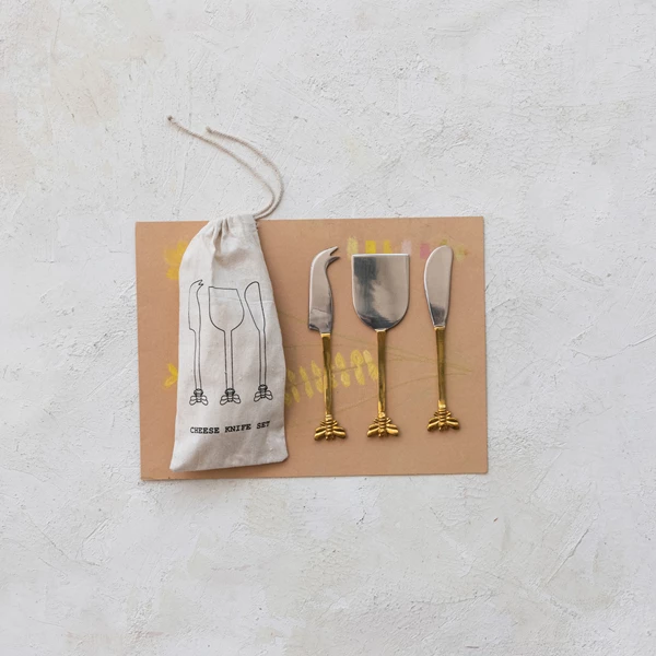 Creative Co Op Stainless Steel & Brass Cheese Knives Set Of 4 In Drawstring Bag