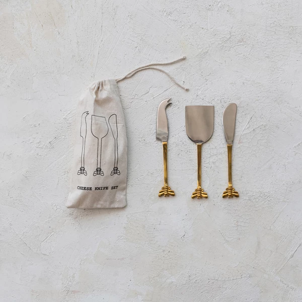 Creative Co Op Stainless Steel & Brass Cheese Knives Set Of 4 In Drawstring Bag