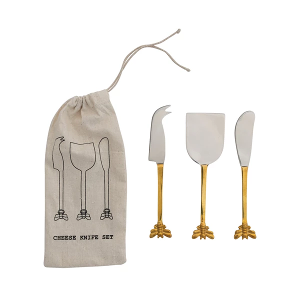 creative co op Stainless Steel & Brass Cheese Knives Set of 4 in Drawstring Bag