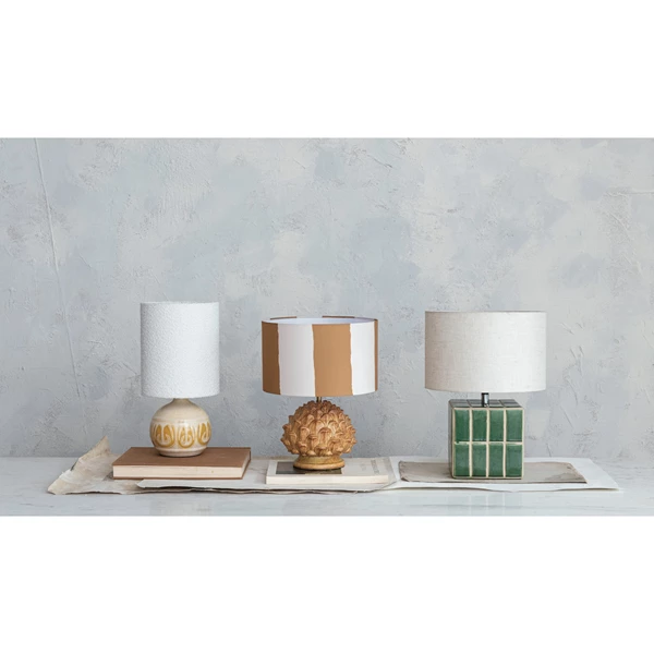 Creative Co Op Stoneware Artichoke Finial Table Lamp W/ Painted Linen Shade