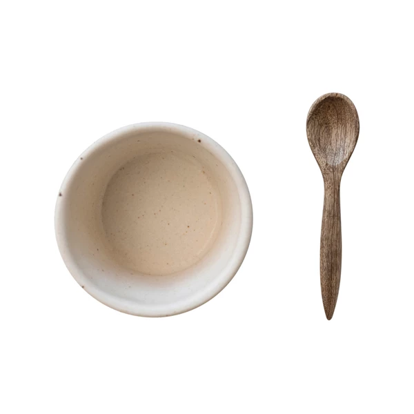 Creative Co Op Stoneware Bowl W/ Mango Wood Spoon Set Of 2