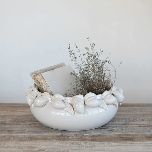 Creative Co Op Stoneware Bowl With 3D Lemons On Rim Cream Color