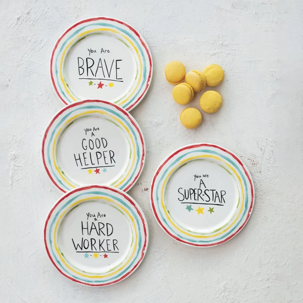 Creative Co Op Stoneware Celebration Plate W/ Stars & Striped Edge 4 Styles ©