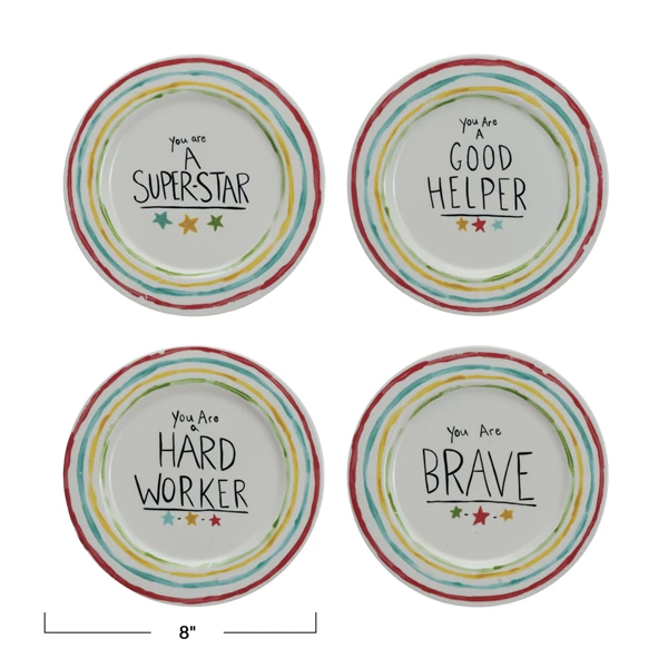 Creative Co Op Stoneware Celebration Plate W/ Stars & Striped Edge 4 Styles ©