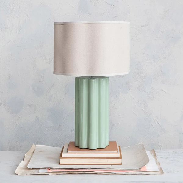 Creative Co Op Stoneware Fluted Table Lamp W/ Linen Scalloped Shade & Swivel Neck