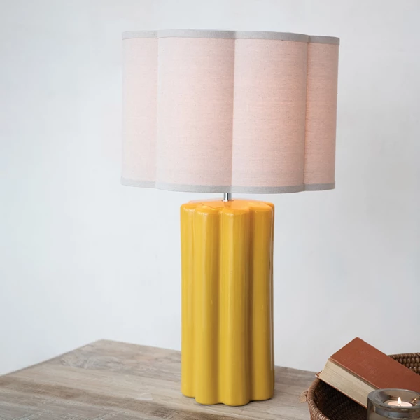 Creative Co Op Stoneware Fluted Table Lamp W/ Scalloped Linen Shade & Swivel Neck Mustard Color