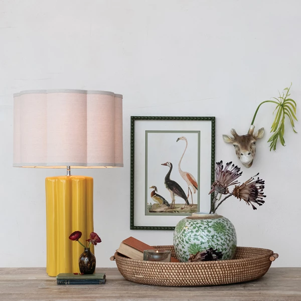 Creative Co Op Stoneware Fluted Table Lamp W/ Scalloped Linen Shade & Swivel Neck Mustard Color
