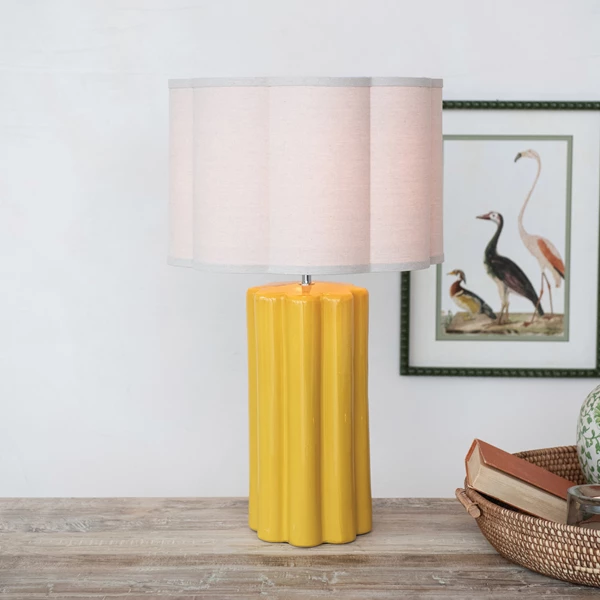 Creative Co Op Stoneware Fluted Table Lamp W/ Scalloped Linen Shade & Swivel Neck Mustard Color