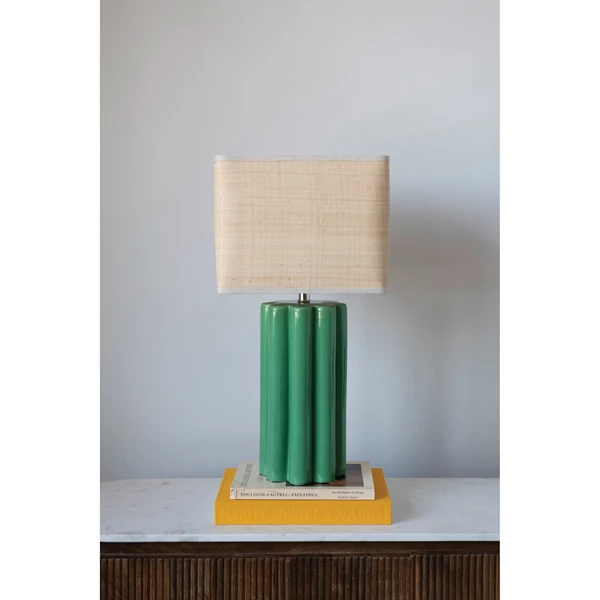 Creative Co Op Stoneware Fluted Table Lamp With Raffia Shade