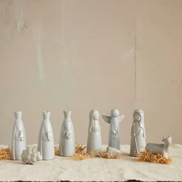 Creative Co Op Stoneware Nativity Set Reactive Glaze White Set Of 9 (Each Will Vary)