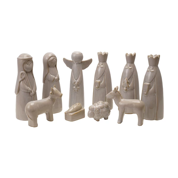 creative co op Stoneware Nativity Set Reactive Glaze White Set of 9 (Each Will Vary)