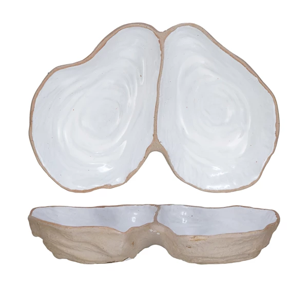creative co op Stoneware Oyster Shell Shaped Dish w/ 2 Sections (Each One Will Vary)