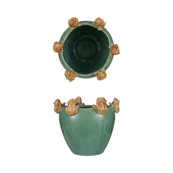 creative co op Stoneware Planter w/ Frogs on Rim (Each One Will Vary)