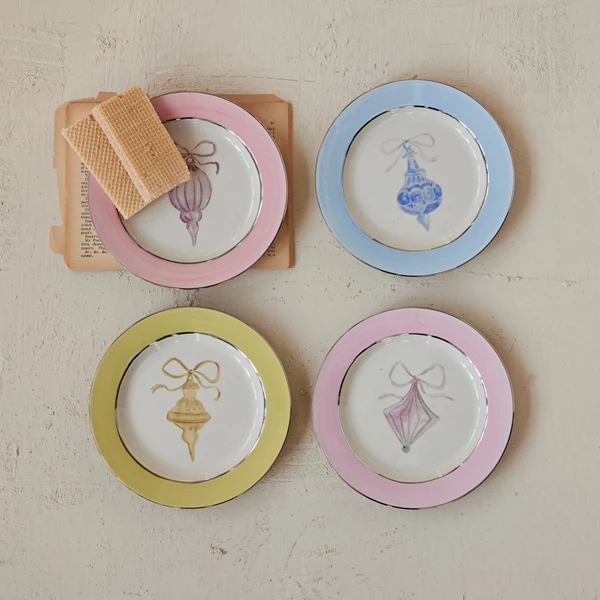 Creative Co Op Stoneware Plate With Ornament Image & Electroplated Edges 4 Styles