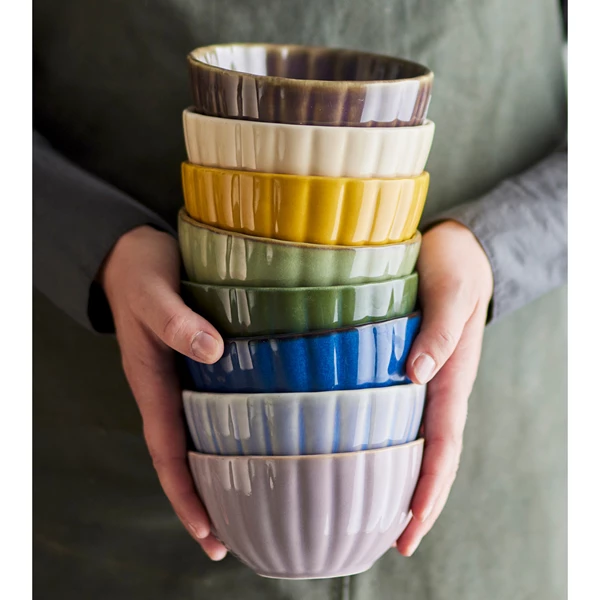 Creative Co Op Stoneware Ribbed Bowl Reactive Glaze Mustard Color (Each One Will Vary)
