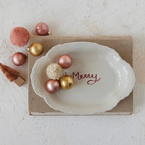Creative Co Op Stoneware Scalloped Platter With Embossed Edge "Merry"