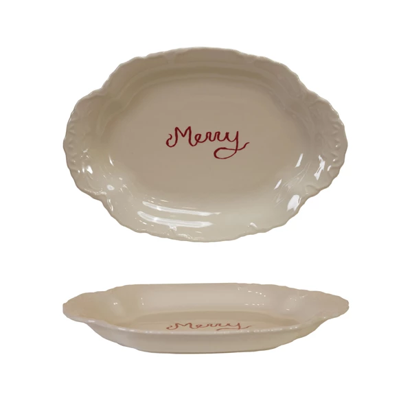 creative co op Stoneware Scalloped Platter with Embossed Edge "Merry"