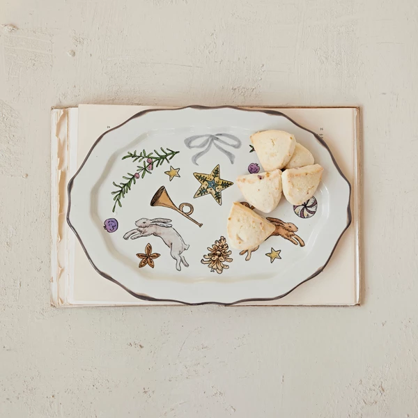 Creative Co Op Stoneware Scalloped Platter With Holiday Image & Colored Edge