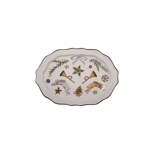 creative co op Stoneware Scalloped Platter with Holiday Image & Colored Edge