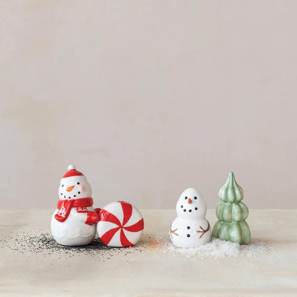 Creative Co Op Stoneware Snowman & Tree Salt & Pepper Shakers Set Of 2 ©