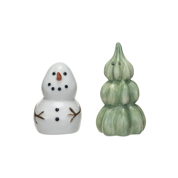 creative co op Stoneware Snowman & Tree Salt & Pepper Shakers Set of 2 ©