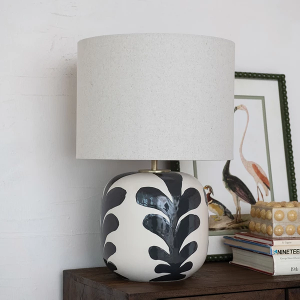 Creative Co Op Stoneware Table Lamp W/ Abstract Design Linen Shade & Inline Switch
