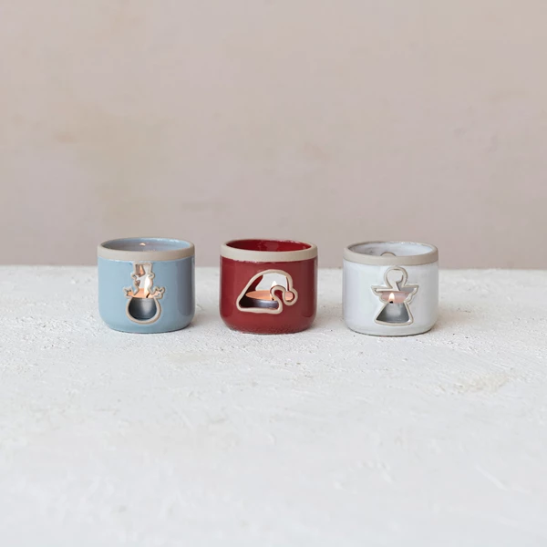 Creative Co Op Stoneware Tealight Holder W/ Cut-Out 3 Colors 3 Styles (Each One Will Vary)