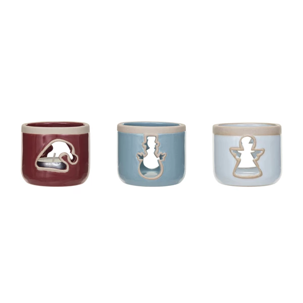 creative co op Stoneware Tealight Holder w/ Cut-Out 3 Colors 3 Styles (Each One Will Vary)