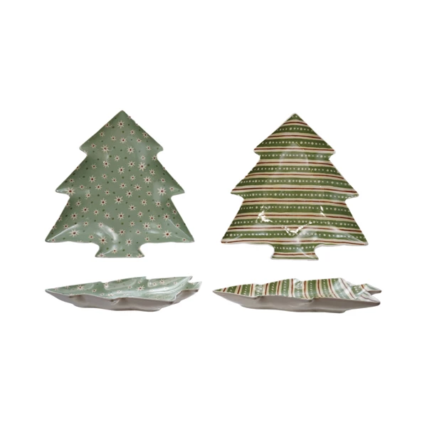 creative co op Stoneware Tree Shaped Plate with Holiday Pattern 2 Styles ©