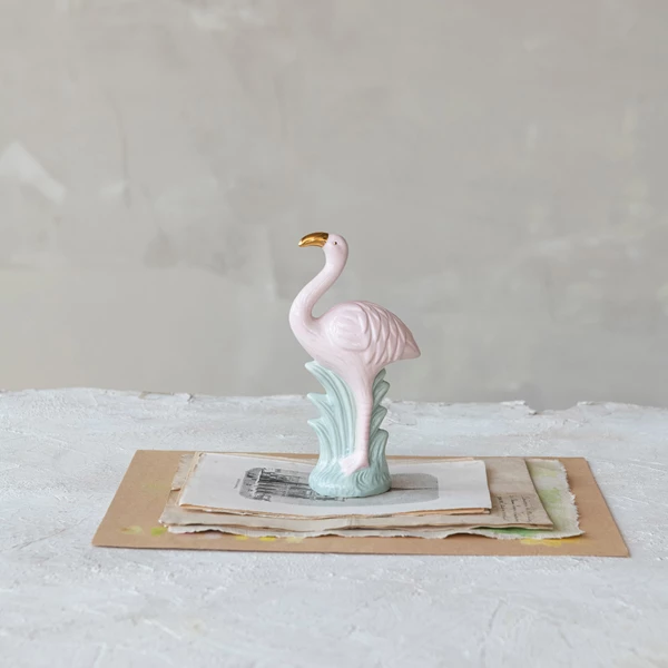 Creative Co Op Stoneware Vintage Reproduction Flamingo With Electroplated Beak