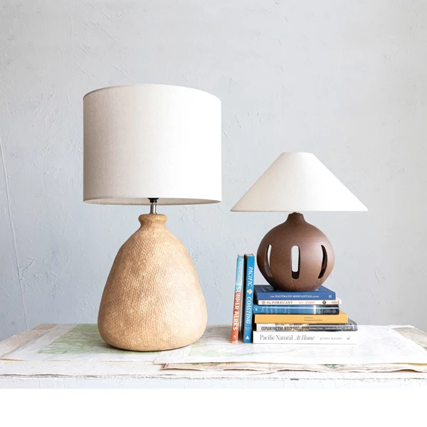 Creative Co Op Textured Stoneware Table Lamp W/ Linen Shade